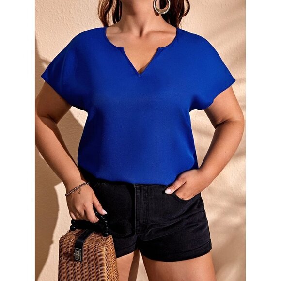Plus Size Notched Collar Blouse with Batwing Sleeve Size 1XL Color Royal‎ Blue - Picture 1 of 7